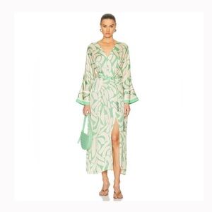 Alexis Green Geometric Print Long Flare Sleeve Maxi Dress with Beaded Ties